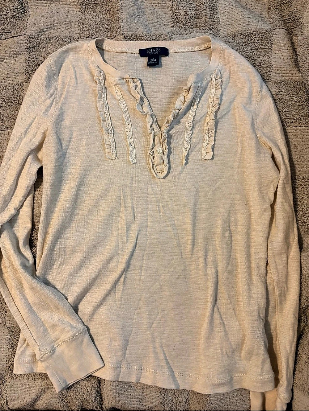 Chaps Cream Long Sleeve Lace Trim Top Size Small